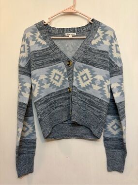 Derek Heart Blue and Cream Geometric V-Neck Button Cardigan